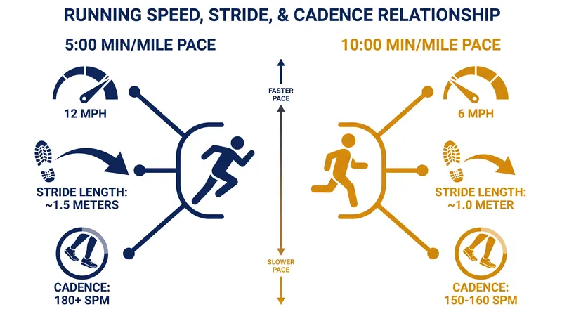 Speed is the product of cadence and stride length; maintaining a high cadence at a slow speed requires an unnaturally short stride.