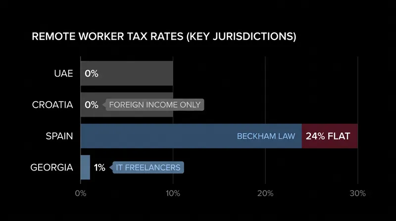 Effective local tax rates for qualifying remote workers across major digital nomad hubs.