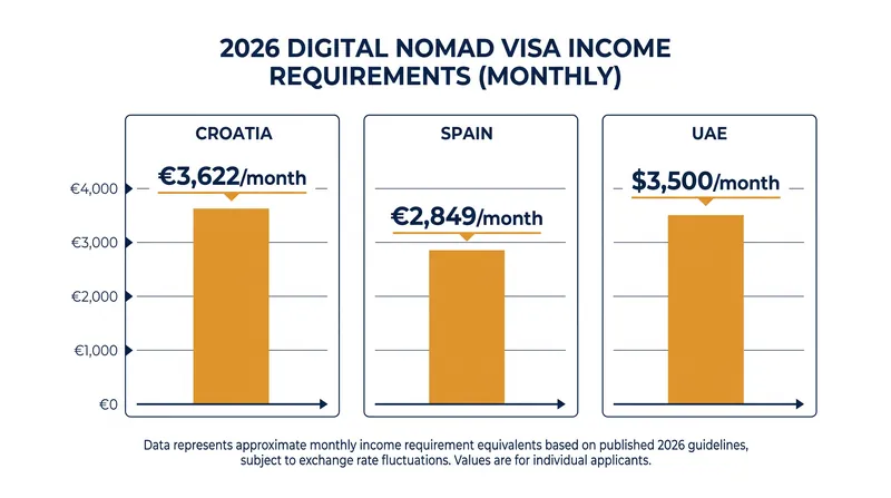 Monthly income thresholds for top digital nomad visas in 2026.