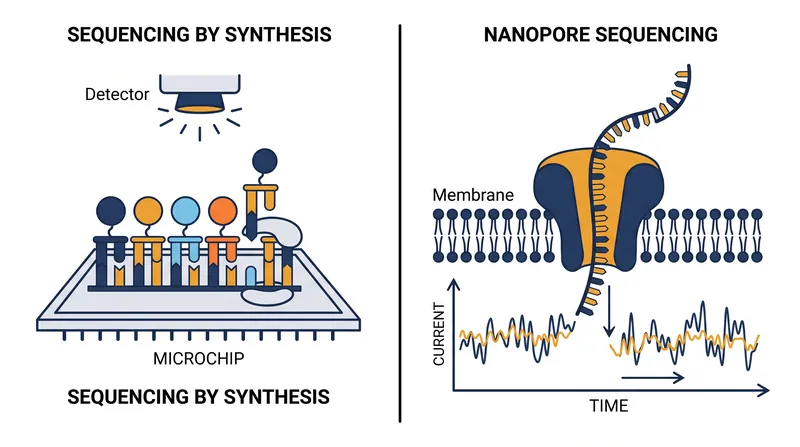 Synthesis relies on optical imaging of fluorescent tags, while nanopore technology measures physical disruptions in electrical current.