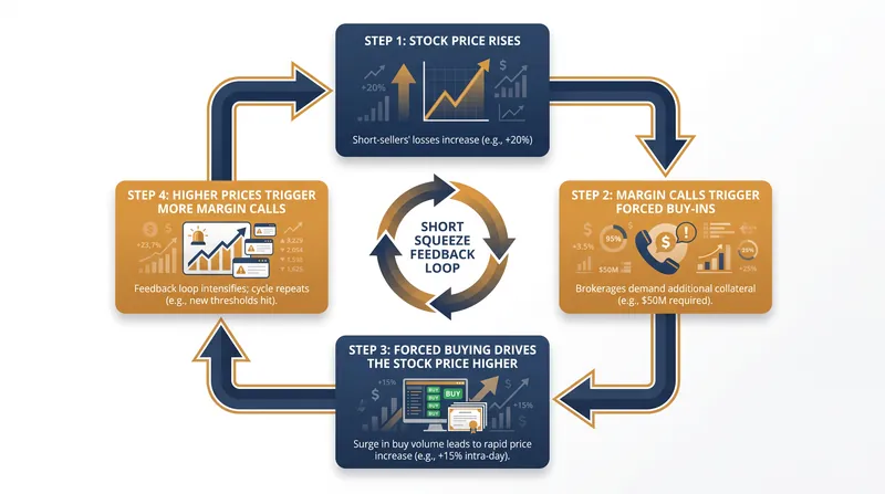 A short squeeze occurs when rising prices force short sellers to buy back shares, creating a feedback loop of upward price pressure.