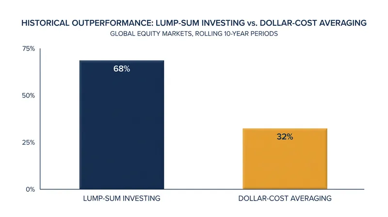 Historical data shows lump-sum investing outperforms staggered entry in roughly two-thirds of market scenarios.