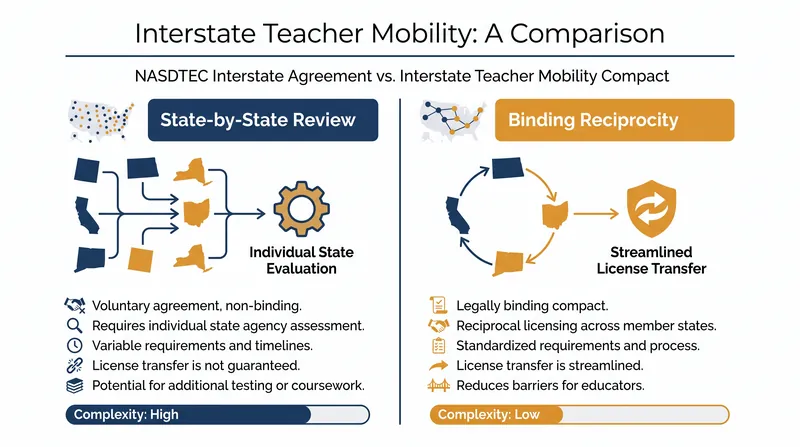 The NASDTEC framework relies on individual state reviews, while the newer compact establishes binding legal reciprocity.