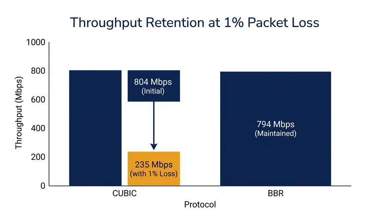 Under 1 percent packet loss, BBR retains over 91 percent of its baseline throughput while CUBIC collapses.