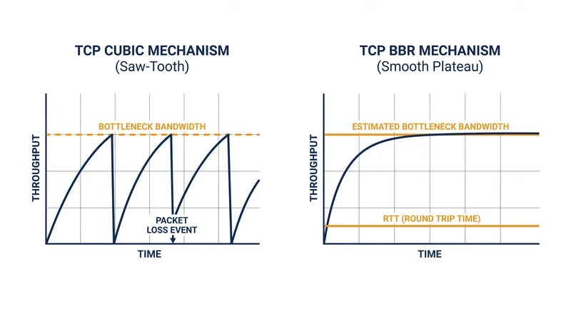 CUBIC relies on a saw-tooth pattern of probing and backing off, while BBR builds a model to pace data evenly.