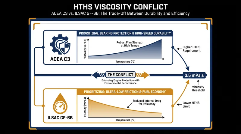 The structural conflict: ACEA C3 mandates a high-shear viscosity floor that ILSAC GF-6B must violate to achieve its fuel economy targets.