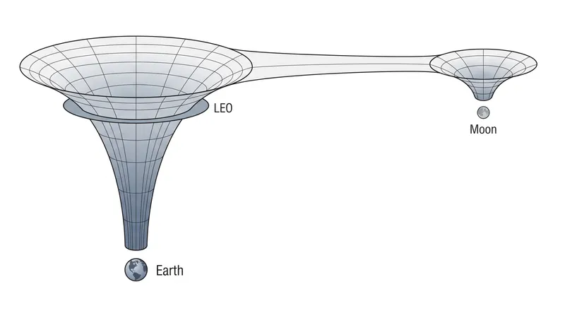 In orbital mechanics, distance matters less than the depth of the gravitational wells a spacecraft must climb out of and fall into.
