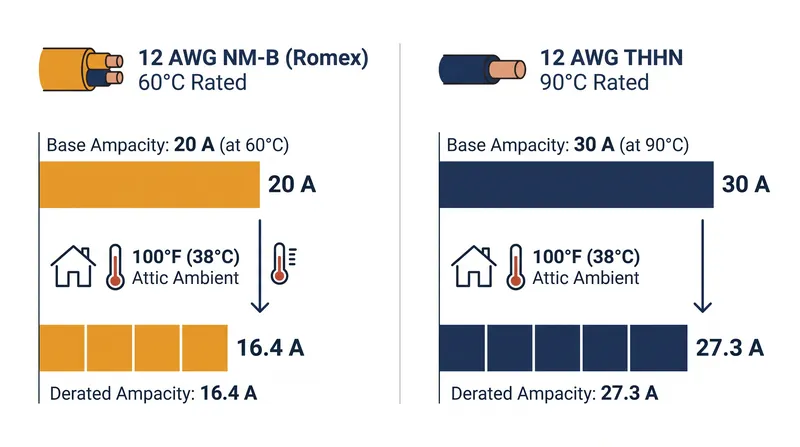 How ambient temperature derating affects the same thickness of copper depending on its insulation type.