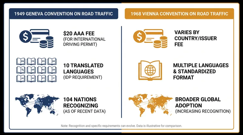 The 1949 Geneva Convention remains the standard for U.S. drivers, translating credentials into 10 languages.