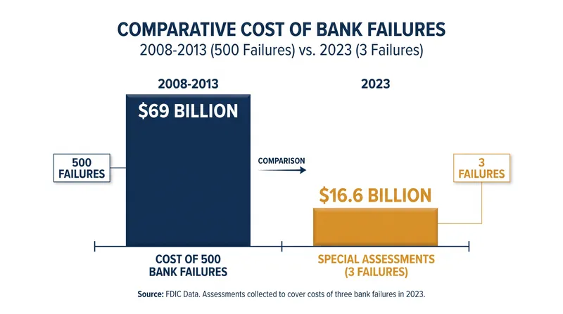 The 2023 regional bank failures required $16.6 billion in special assessments to recover systemic risk costs.