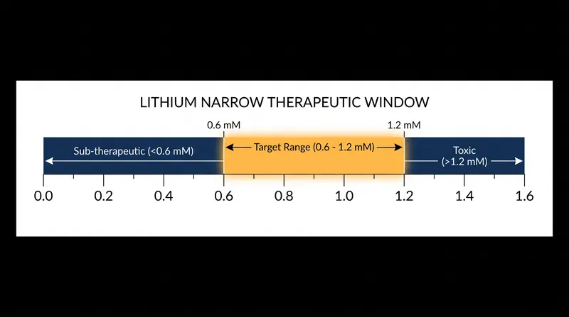 Lithium requires a strict serum concentration between 0.6 and 1.2 mM to effectively inhibit its target enzymes without causing severe toxicity.