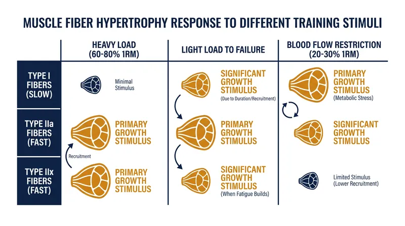Different training protocols target specific muscle fibers through mechanical tension or metabolic stress.