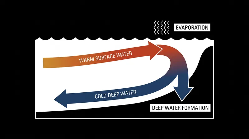The AMOC operates as a continuous loop, driven by differences in water temperature and salinity.