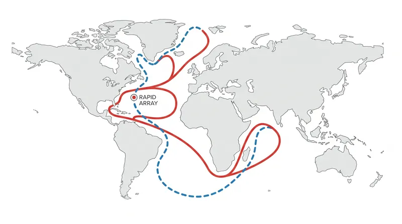 The RAPID array, deployed in 2004, provides continuous measurements of the AMOC's volume transport across the Atlantic basin.