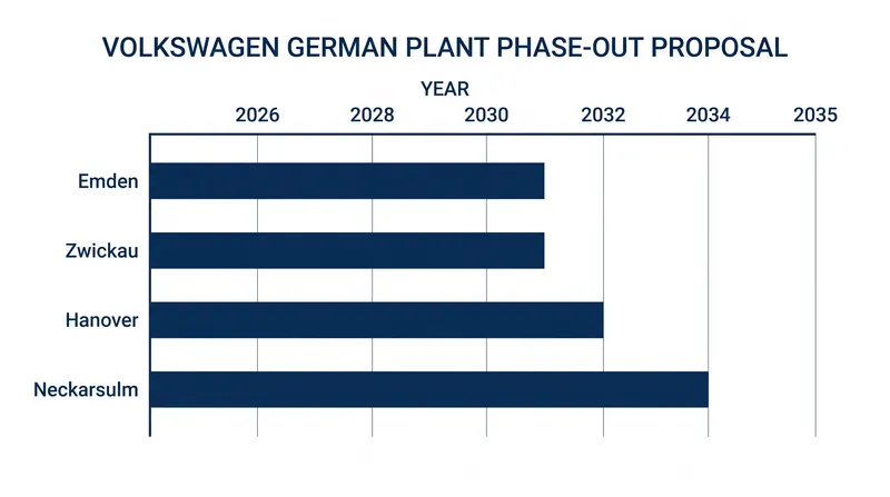 The staggered timeline for ending vehicle production at four key German facilities.