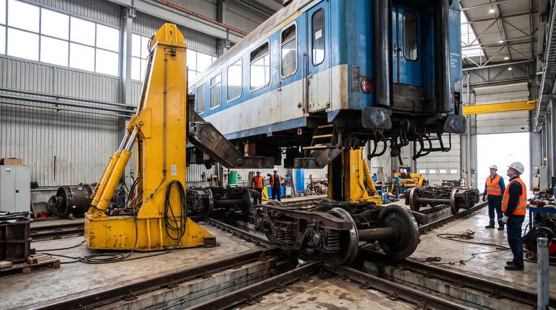 At borders where track gauges change, entire trains must be lifted to swap their wheeled undercarriages.