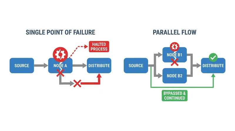 A single point of failure halts the entire production line, whereas parallel sourcing provides operational redundancy.