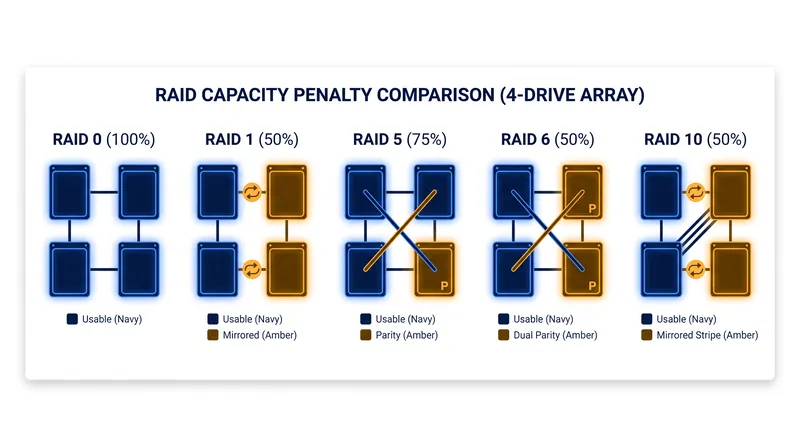 Usable capacity percentages for a four-drive array across different RAID levels.