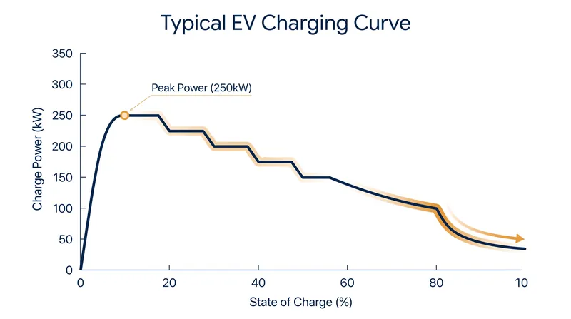 A typical fast-charging curve shows peak speeds are only sustained at low states of charge.
