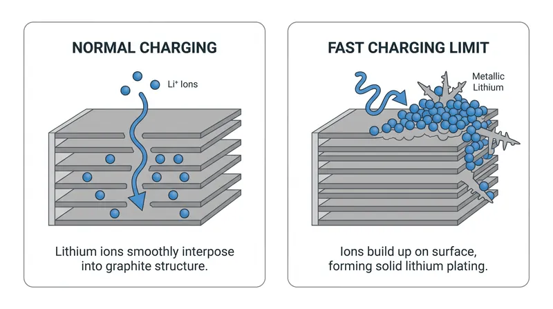 Pushing current faster than the anode can absorb it results in permanent lithium plating.