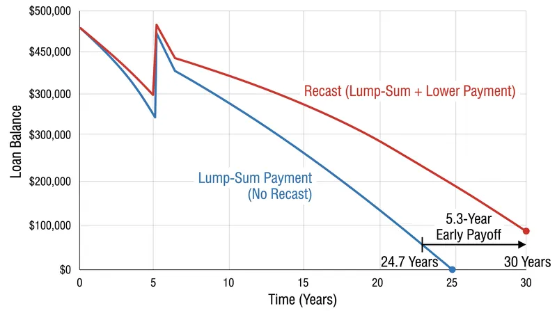 Applying a lump sum without recasting accelerates the payoff date by over five years.