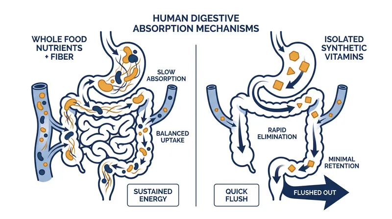 The human body is optimized to extract micronutrients from whole foods, often rapidly excreting isolated synthetic compounds.