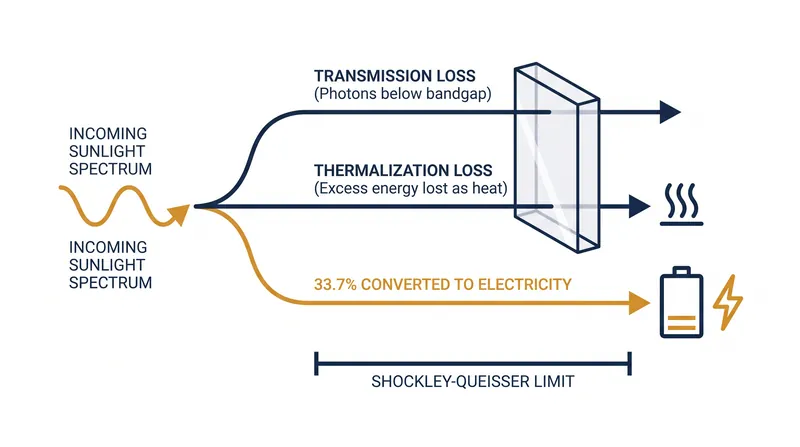 The detailed balance model demonstrates that transmission and thermalization losses destroy nearly half of incoming solar energy before it can be harnessed.
