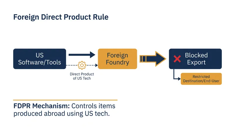 The FDPR allows the US to regulate foreign-made silicon if American software or equipment is used in the manufacturing process.