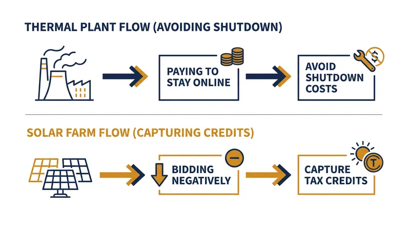 Both inflexible thermal plants and subsidized renewables utilize negative bidding to maintain generation during periods of oversupply.