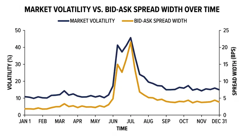 Bid-ask spreads widen mechanically during volatile periods to compensate for the increased risk of adverse selection.