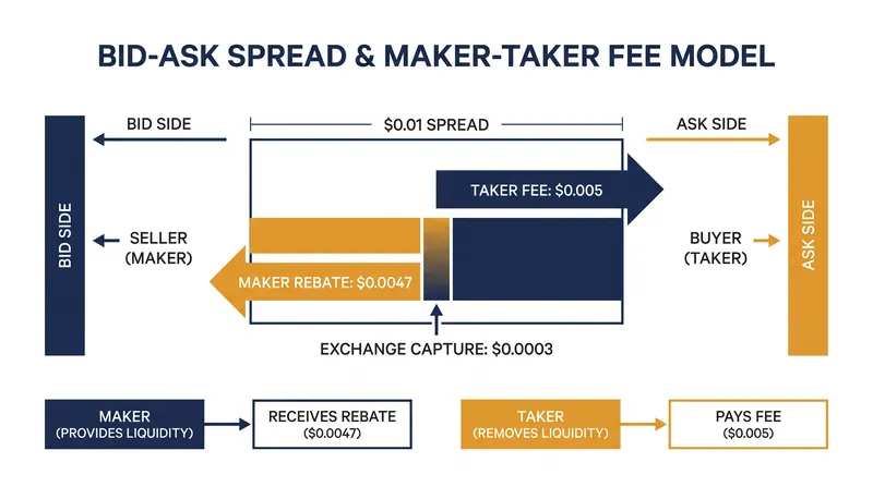The structural breakdown of exchange routing fees and market maker rebates on a per-share basis.