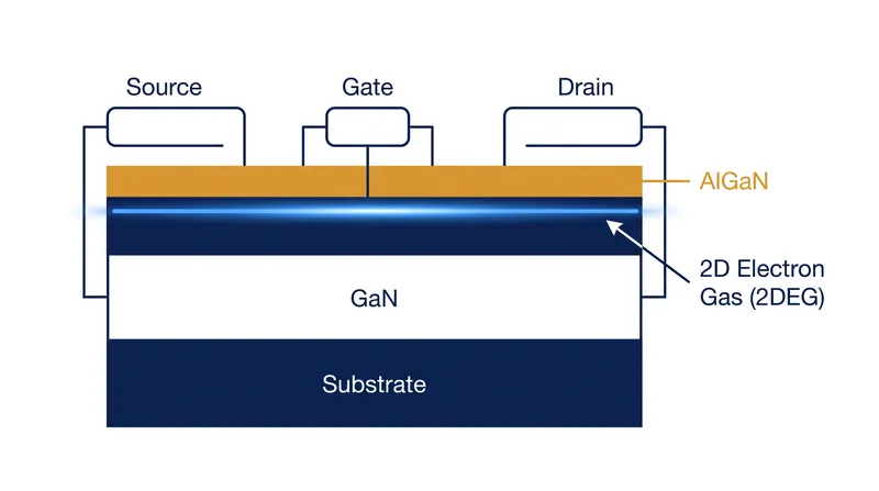 The interface between GaN and AlGaN creates a highly conductive pool of electrons.