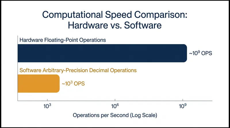 Hardware floating-point units execute operations exponentially faster than software-based decimal libraries.
