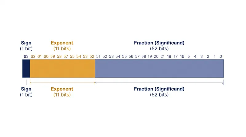 How 64 bits of memory are divided to represent a floating-point number.