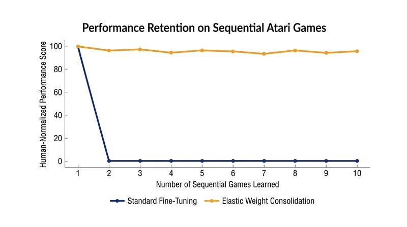 Performance retention across 10 sequential Atari games using EWC versus standard training.