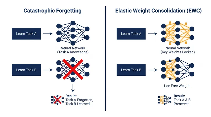 How EWC prevents catastrophic forgetting during sequential training.