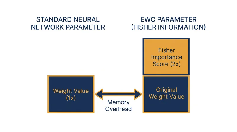 Storing the Fisher importance scores effectively doubles the memory footprint of the model's parameters during training.