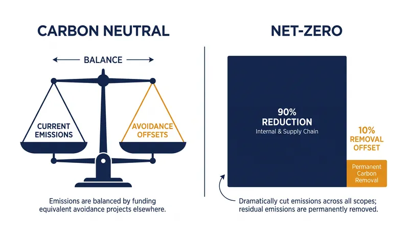 Net-zero requires a 90% absolute reduction in emissions, while carbon neutrality relies more heavily on offsets.