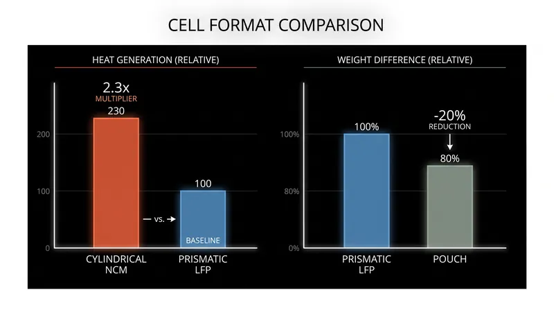 Cylindrical cells generate significantly more heat under load, necessitating their inherent void space for cooling.