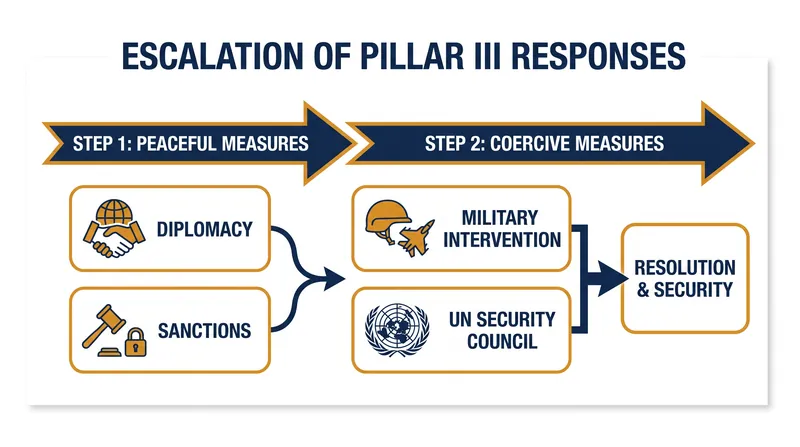 Pillar III requires the international community to exhaust peaceful measures before considering military intervention.