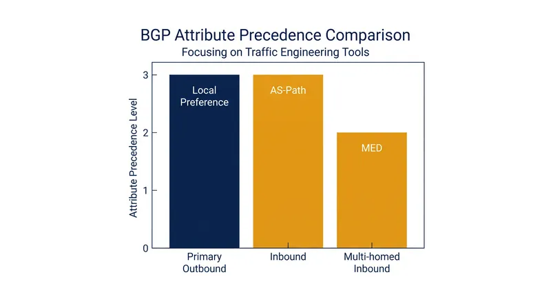 Different BGP attributes are used to influence outbound versus inbound traffic flows.