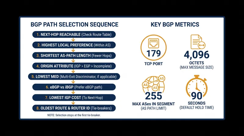 The standard BGP path selection sequence evaluates attributes in a rigid, deterministic order.
