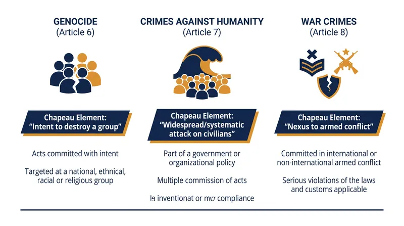 The contextual 'chapeau' elements that distinguish the core crimes under the Rome Statute.