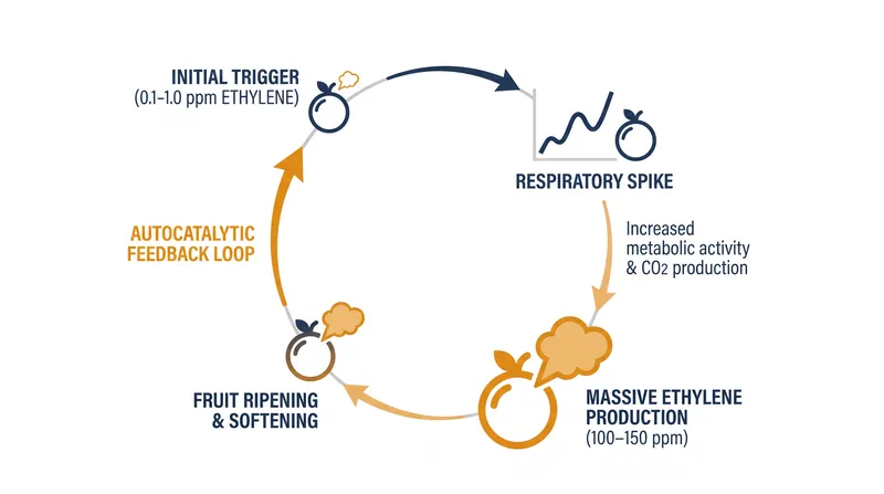 The autocatalytic loop allows climacteric fruits to self-amplify their ripening process once exposed to trace amounts of ethylene.