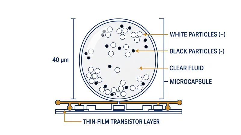 Inside an electrophoretic display, a thin-film transistor applies an electric field to move charged pigment particles through a viscous fluid.