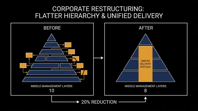 The restructuring targets micro-teams and reduces the reporting layers between frontline staff and the chief executive.