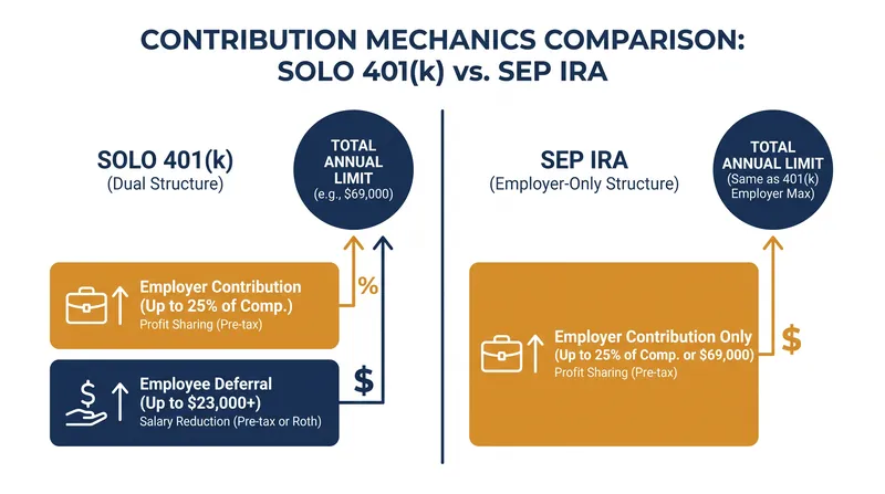 The Solo 401(k) allows for both employee deferrals and employer profit-sharing, often accelerating savings at lower income levels.