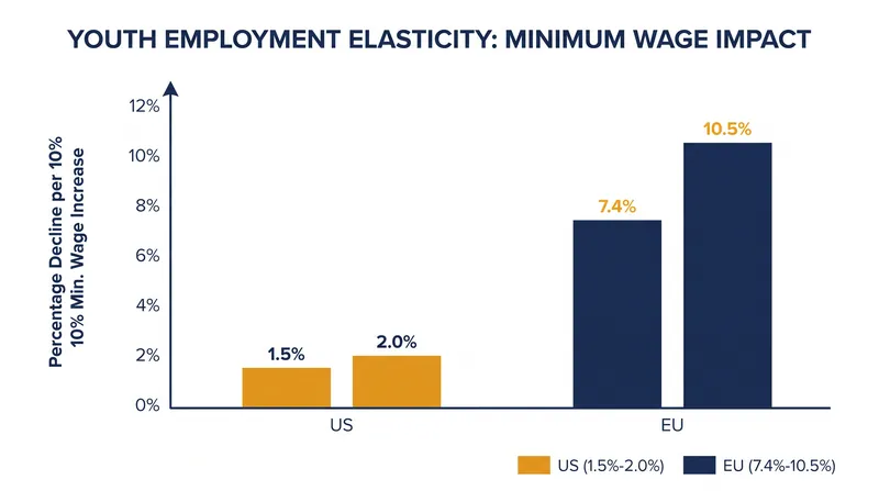 European labor markets show a significantly higher youth employment penalty in response to wage floors than the US.
