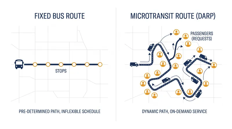 Unlike fixed routes, microtransit algorithms dynamically calculate pooling paths to pick up scattered riders in real time.