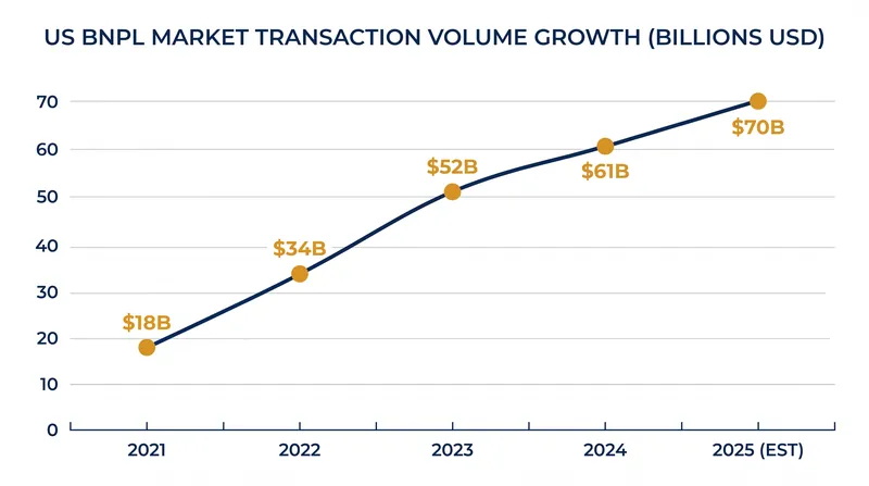 BNPL transaction volume has grown roughly 20% per year since 2021.